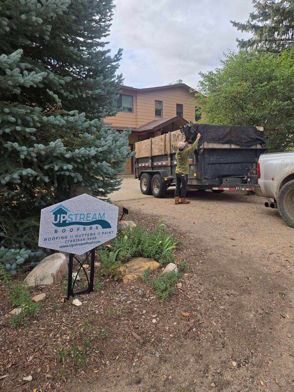 Upstream Roofers crew member tarping a loaded dump trailer in a driveway, with an Upstream Roofers yard sign in front