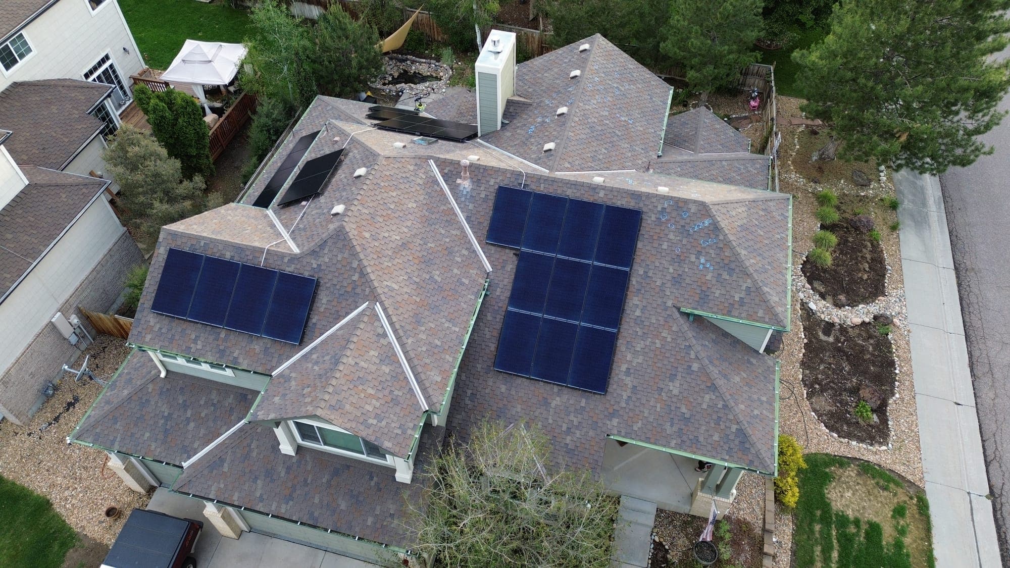 Completed roof with rooftop solar on a Front Range home