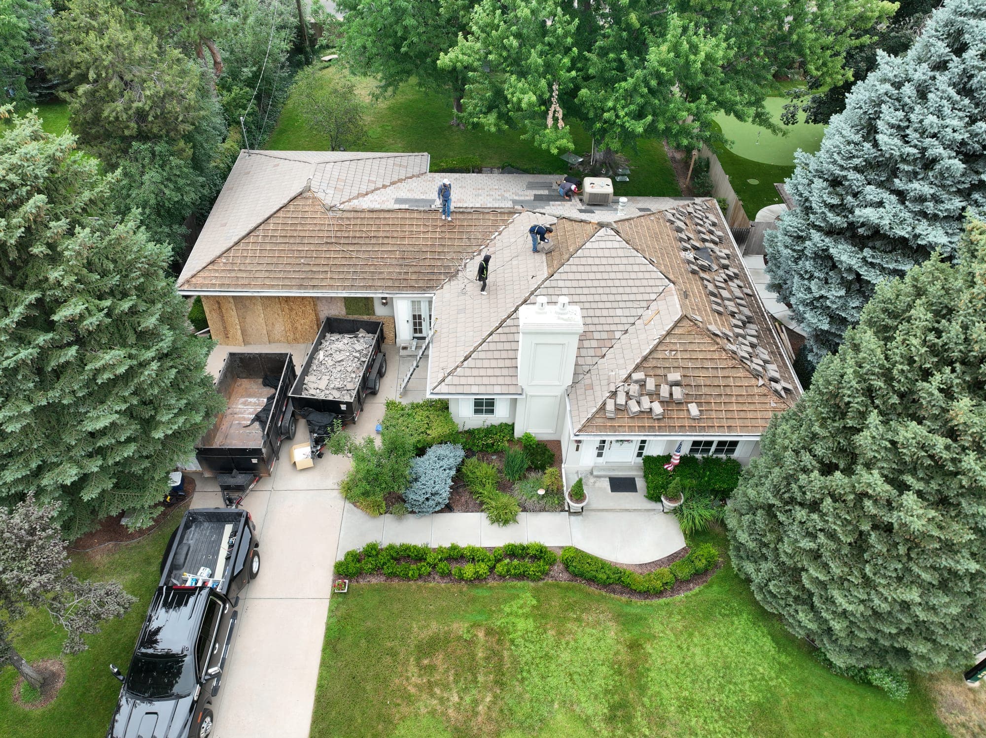 Completed tile roof in the Hilltop neighborhood, aerial view