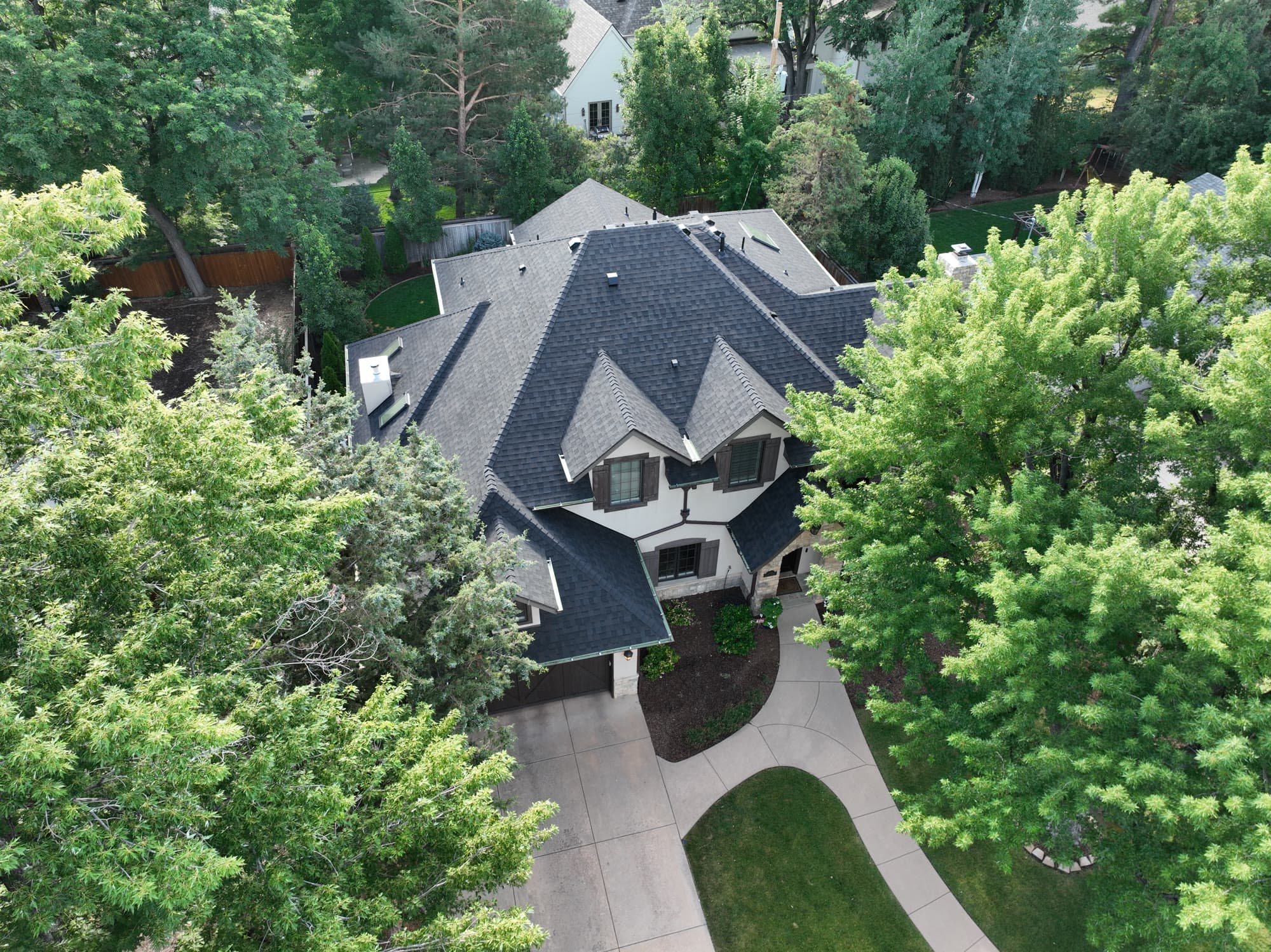 New roof framed by mature trees, aerial view