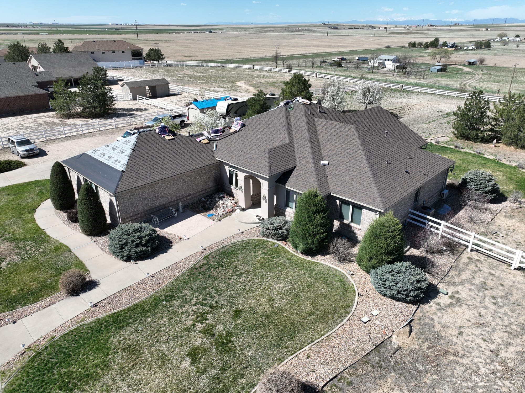 Completed roof replacement on a Colorado home, aerial view