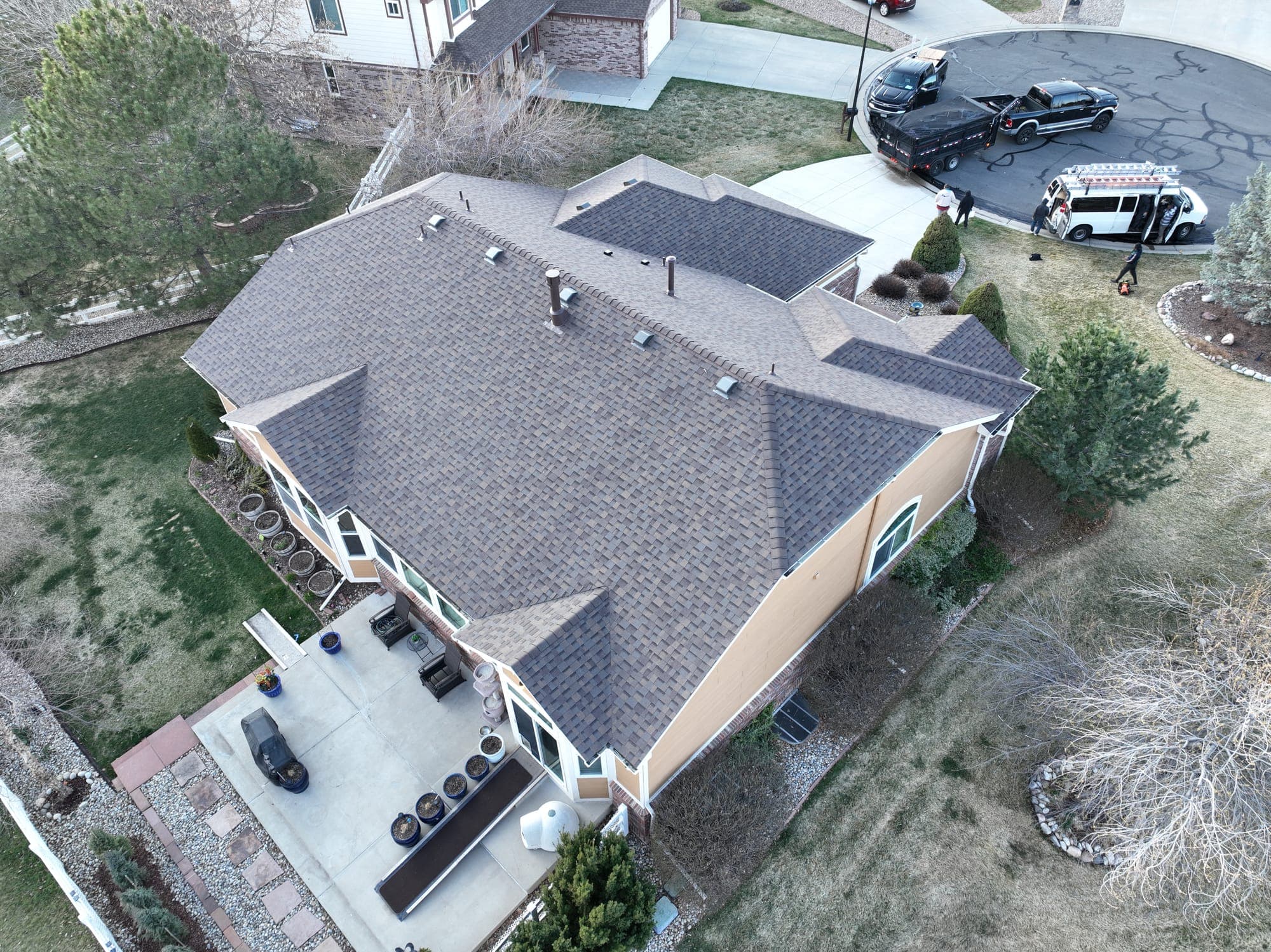 Completed roof replacement on a Westminster, Colorado home, aerial view
